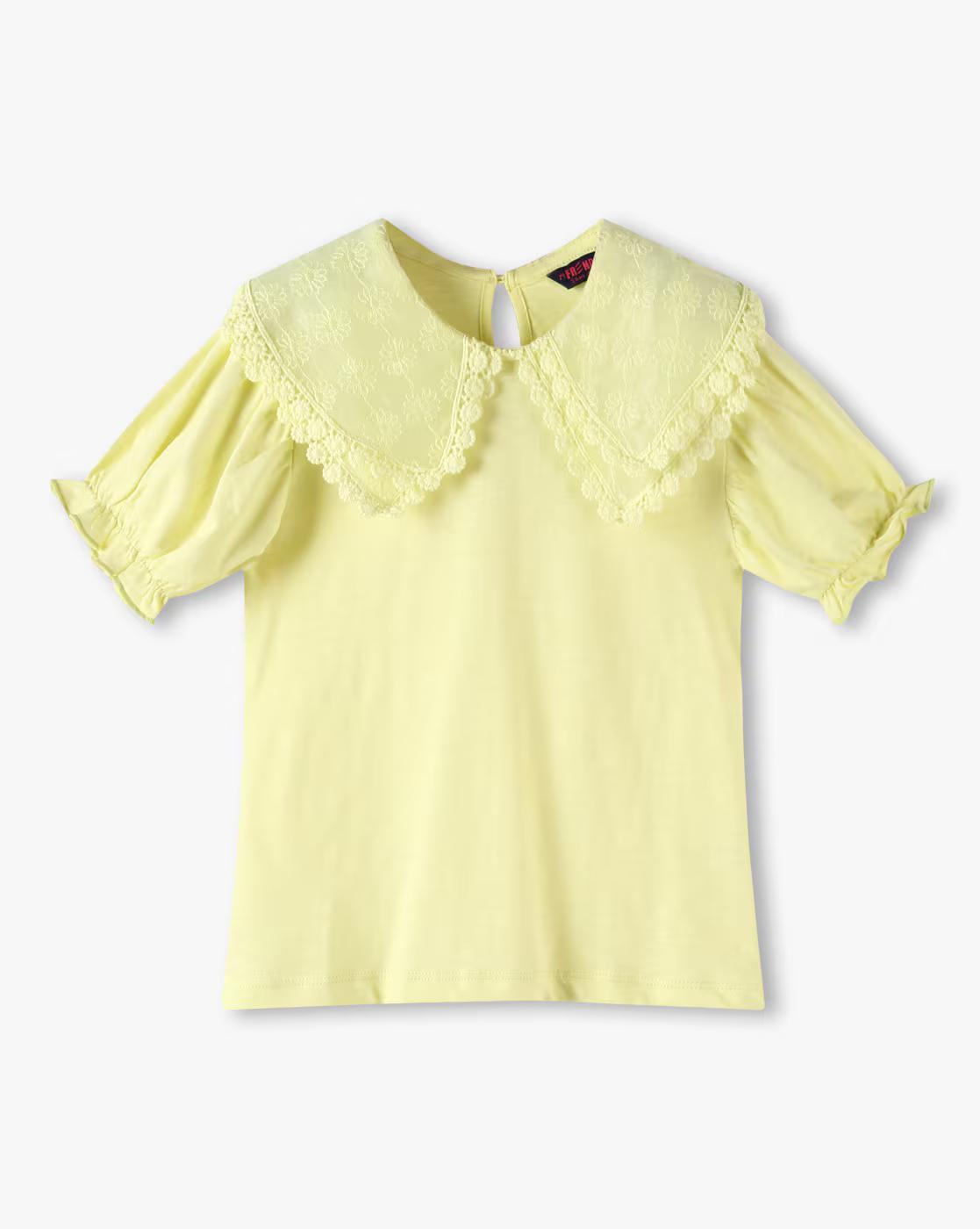 Tee with Lace Collar, LIME YELLOW, 5-6Y