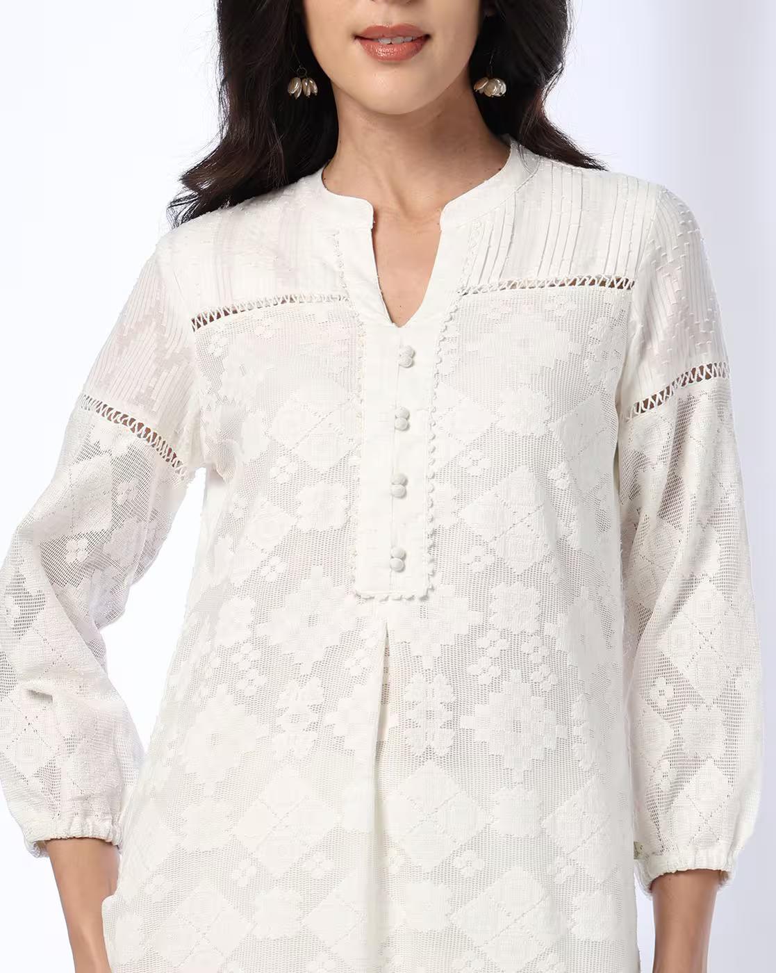 MESH PLEATED KURTA, ECRU, M