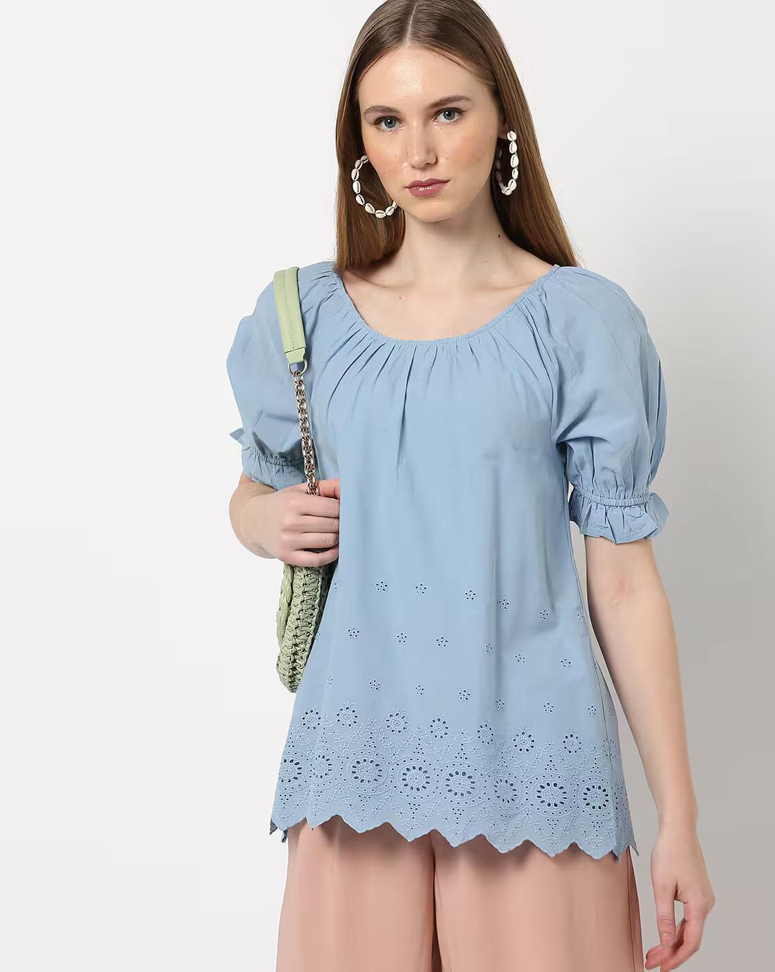 ROUND NECK TOP WITH SHIFFLI SLE, BLUE