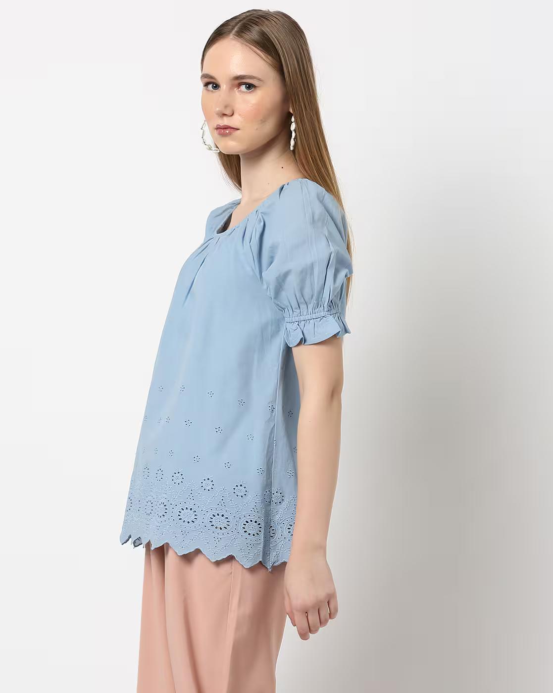 ROUND NECK TOP WITH SHIFFLI SLE, BLUE