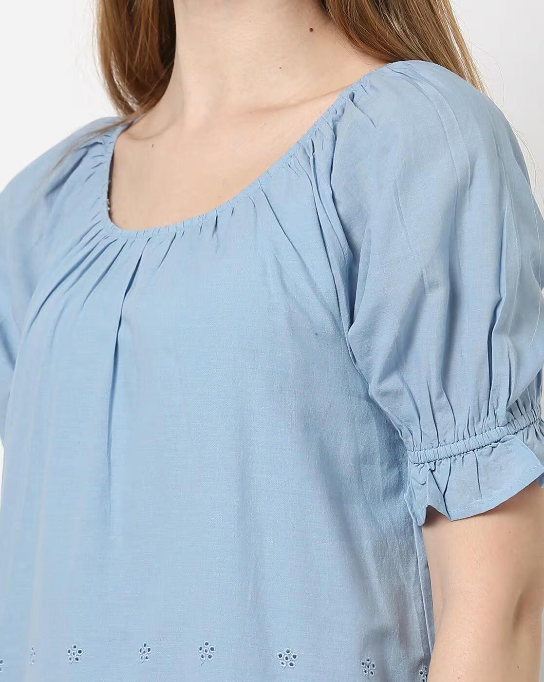 ROUND NECK TOP WITH SHIFFLI SLE, BLUE
