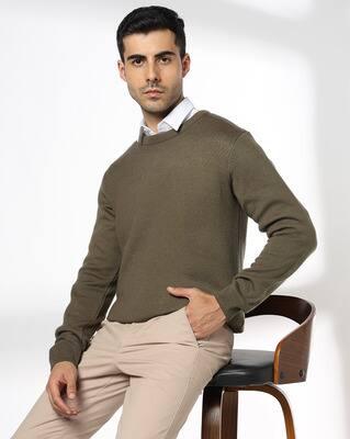 SOLID STRUCTURE SWEATER, KHAKI, XXL
