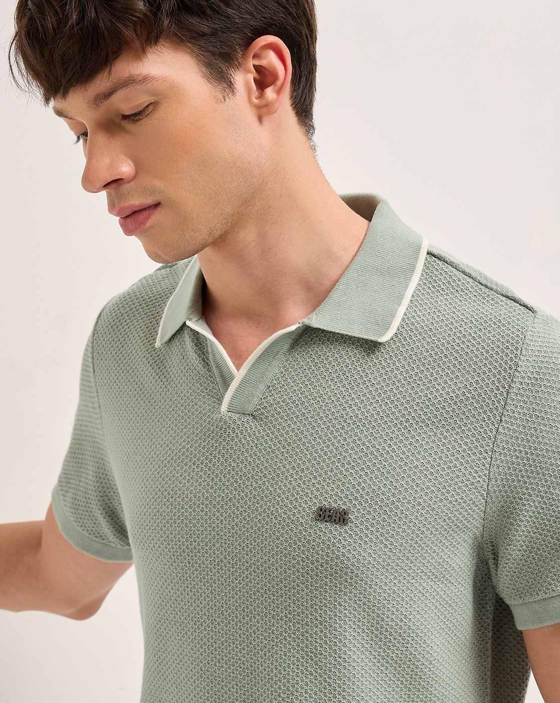 Men Cotton Textured Flat Knit, GREEN, S