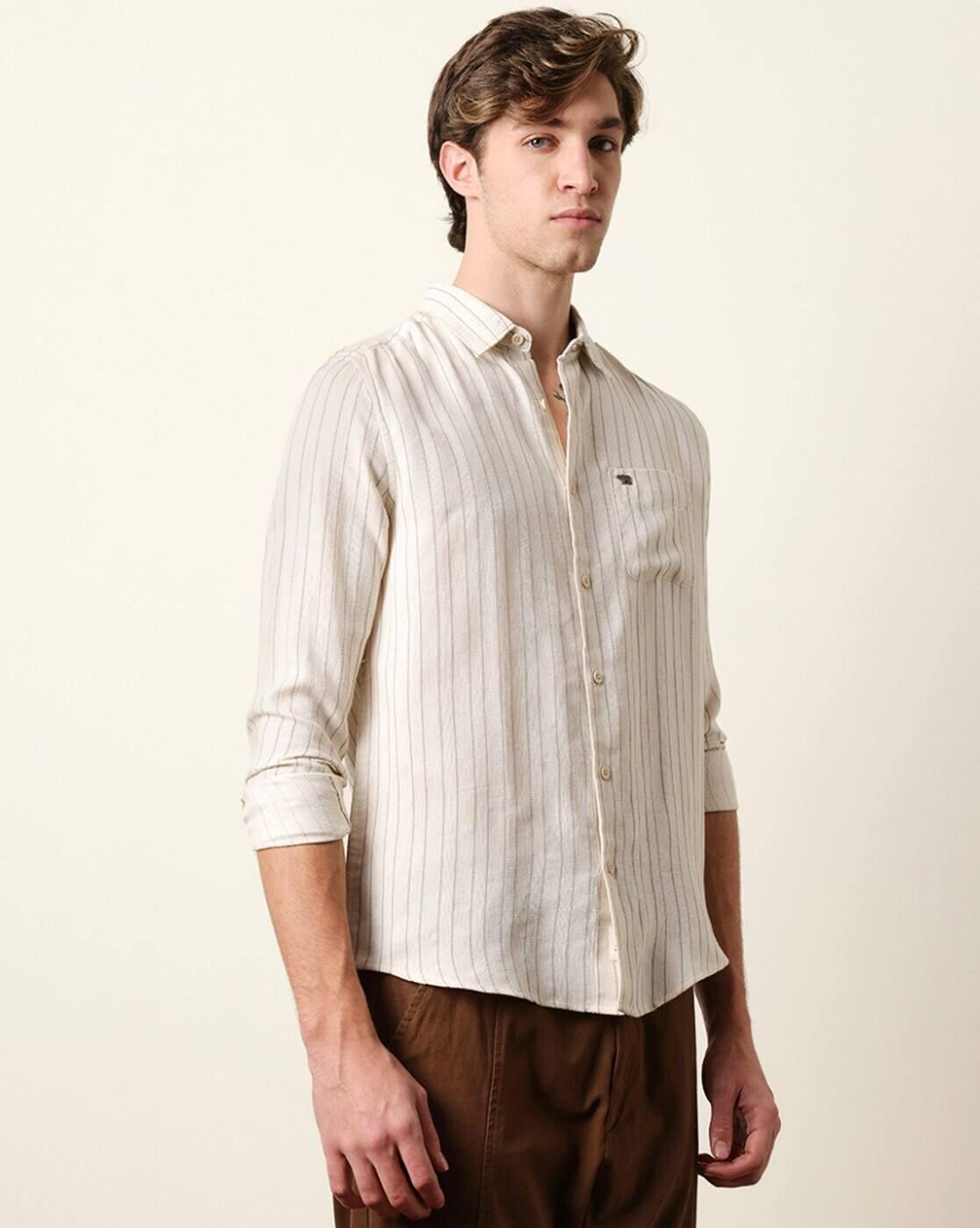 Men Cotton Striped Slim Fit Ca, CREAM, L