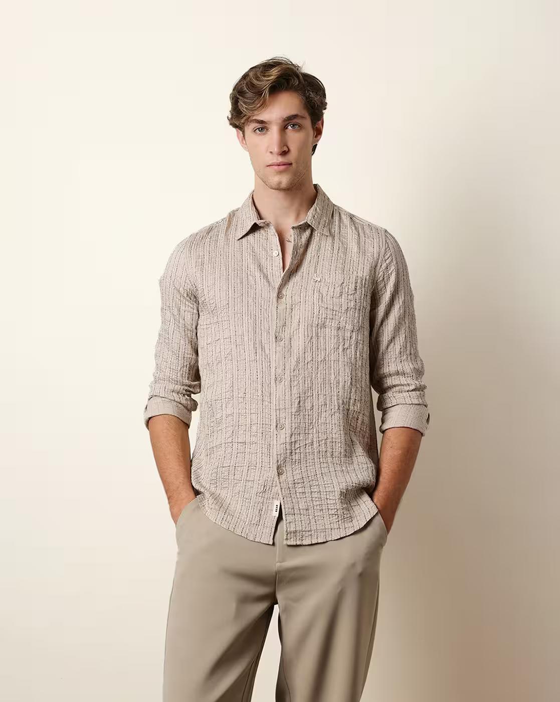 Men Striped Slim Fit Casual Sh, CREAM, L