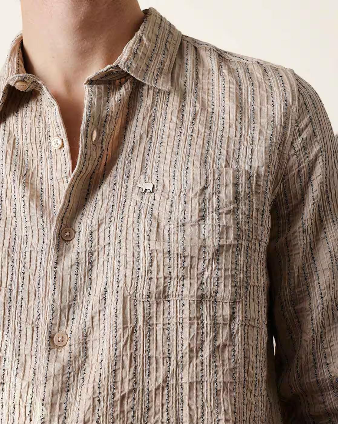 Men Striped Slim Fit Casual Sh, CREAM, L
