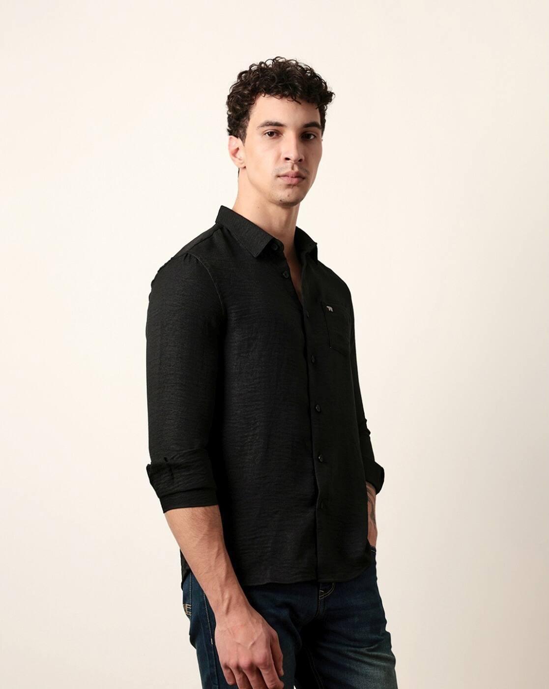 Men Solid Slim Fit Casual Sh, BLACK, 3XL