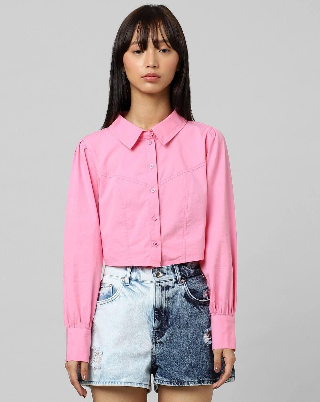 Cotton Crop Shirt with Spread Collar