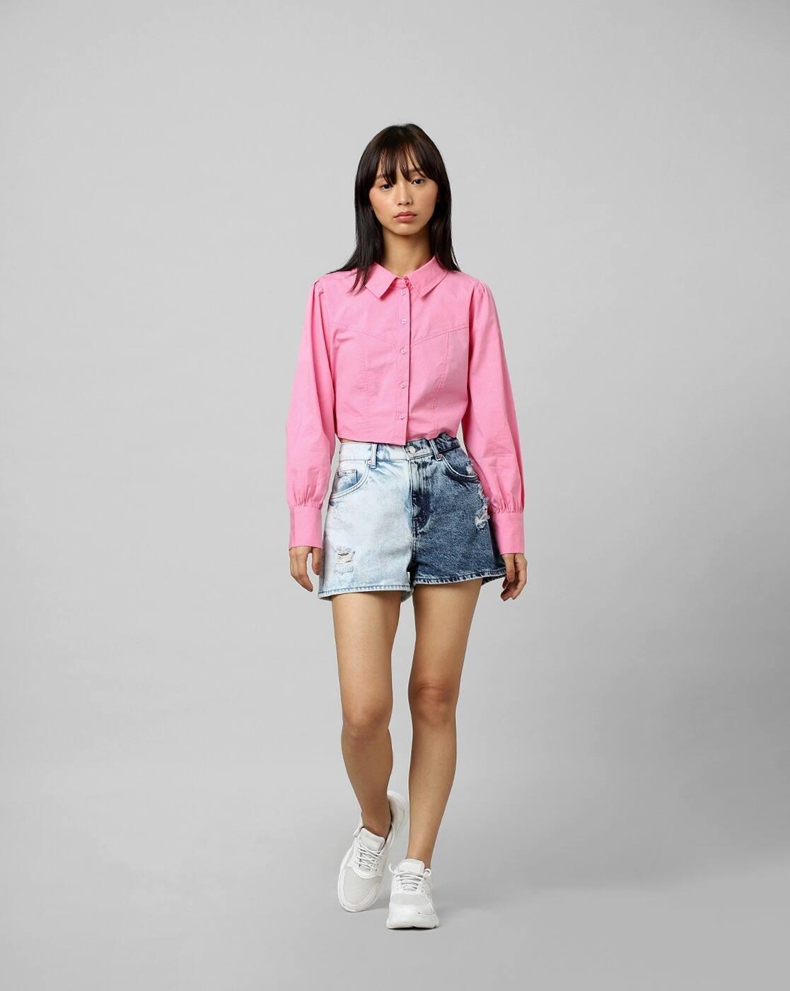 Cotton Crop Shirt with Spread Collar