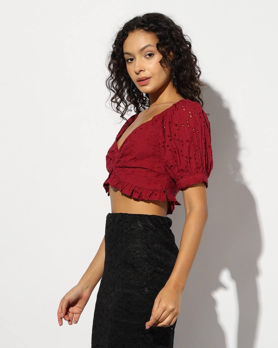 SCHIFFLI CROP TOP, MAROON, S