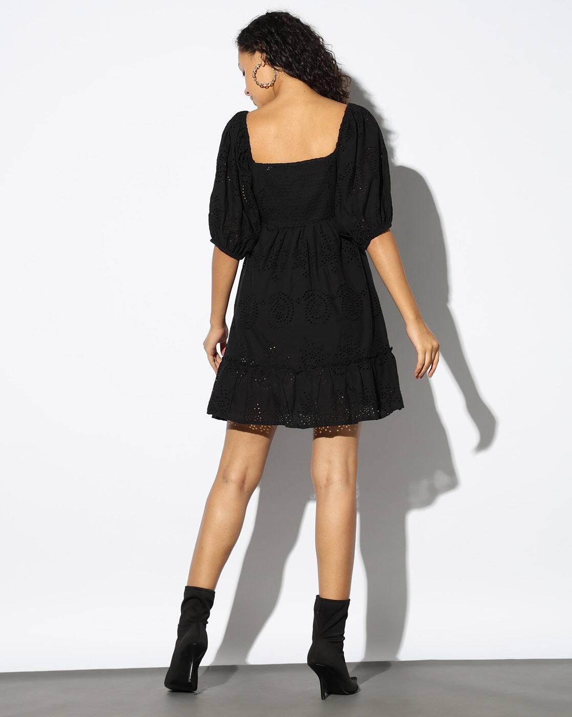 ALINE DRESS WITH PUFFED SLEEV, BLACK, XL