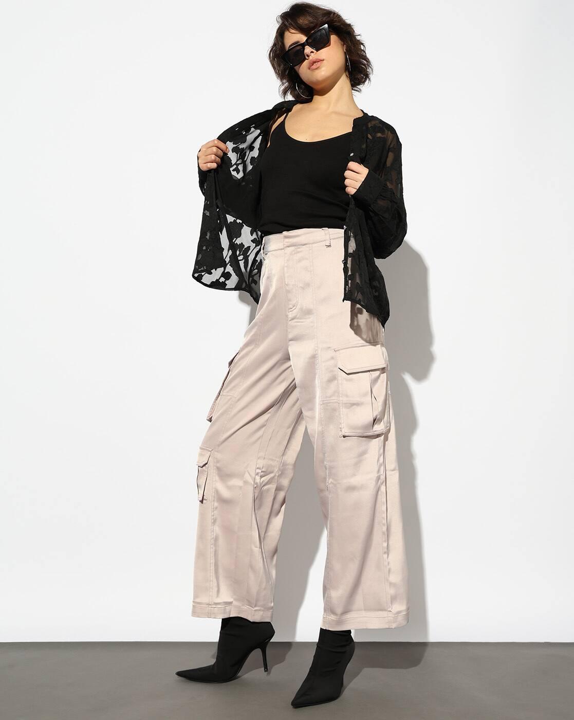 Solid Poly Satin Cargo Pants