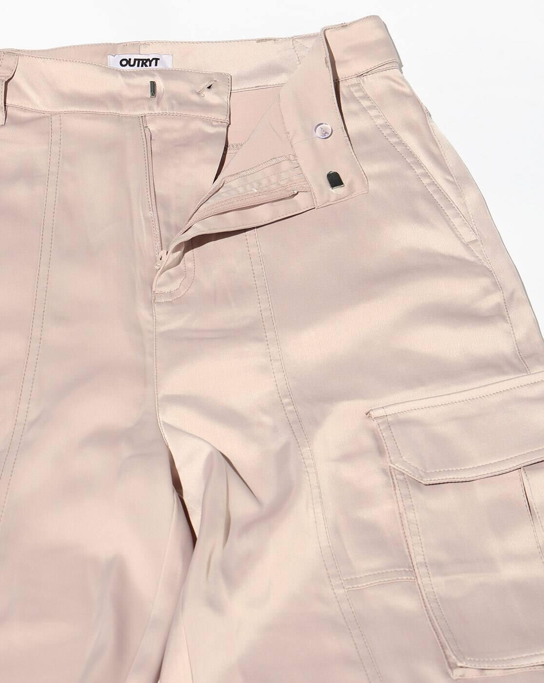 Solid Poly Satin Cargo Pants