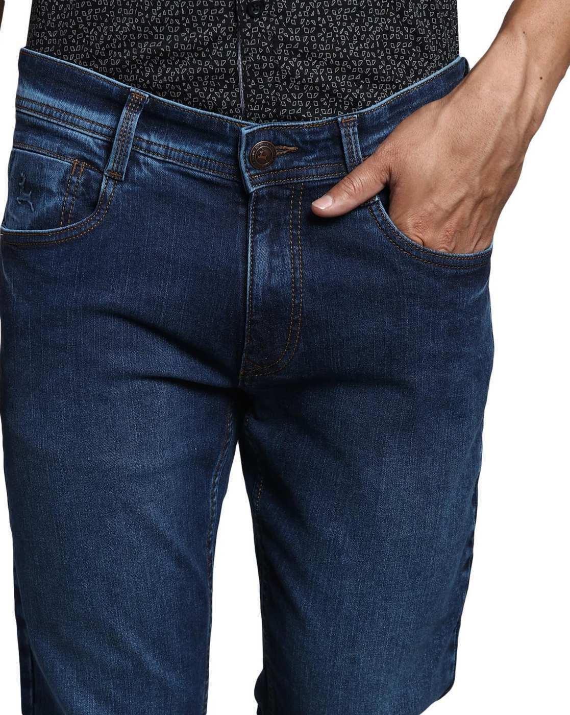 Men Stone Washed Slim Tapered Fit Jeans