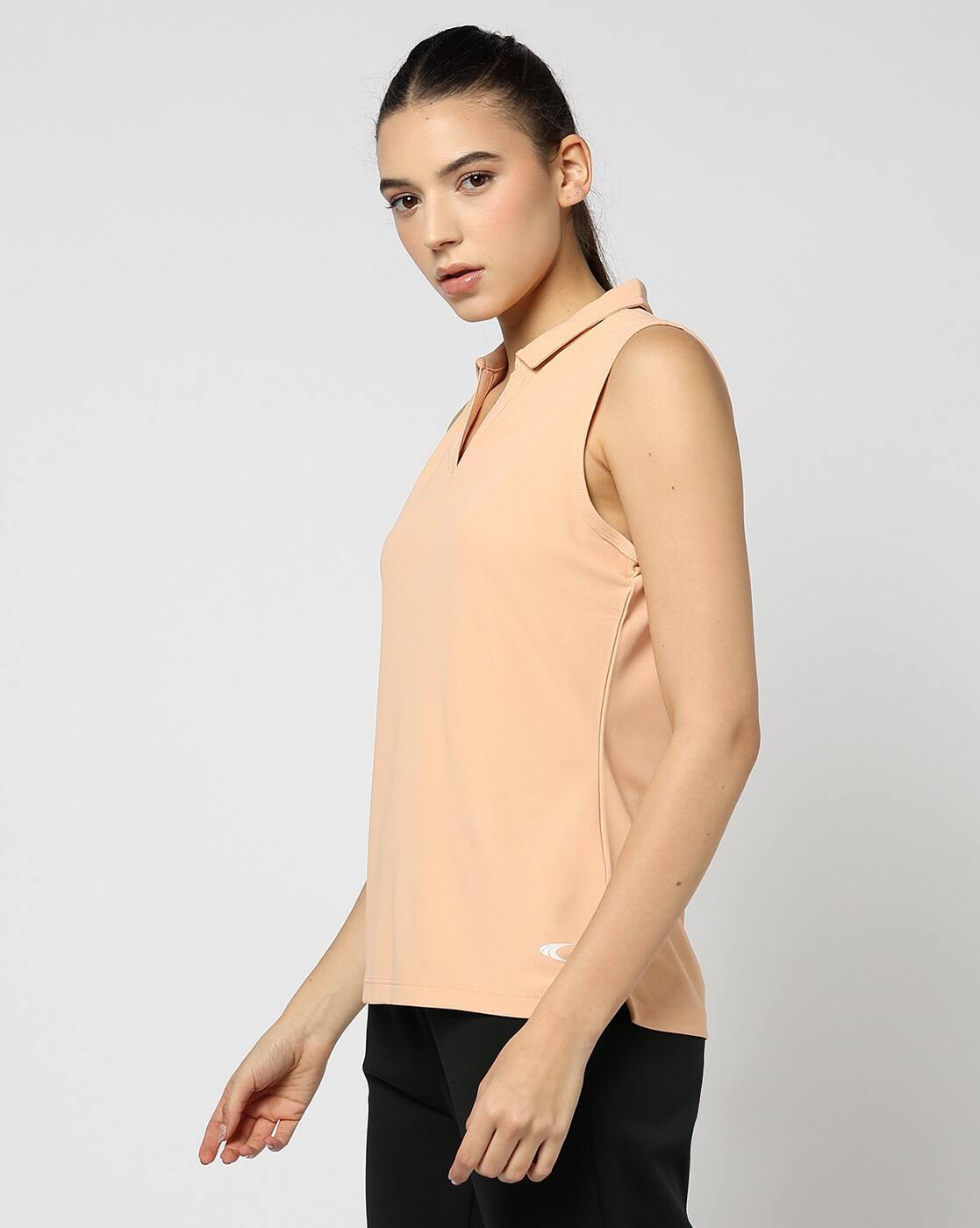 SLEEVELESS JOHNNY COLLAR POLO, PEACH, L