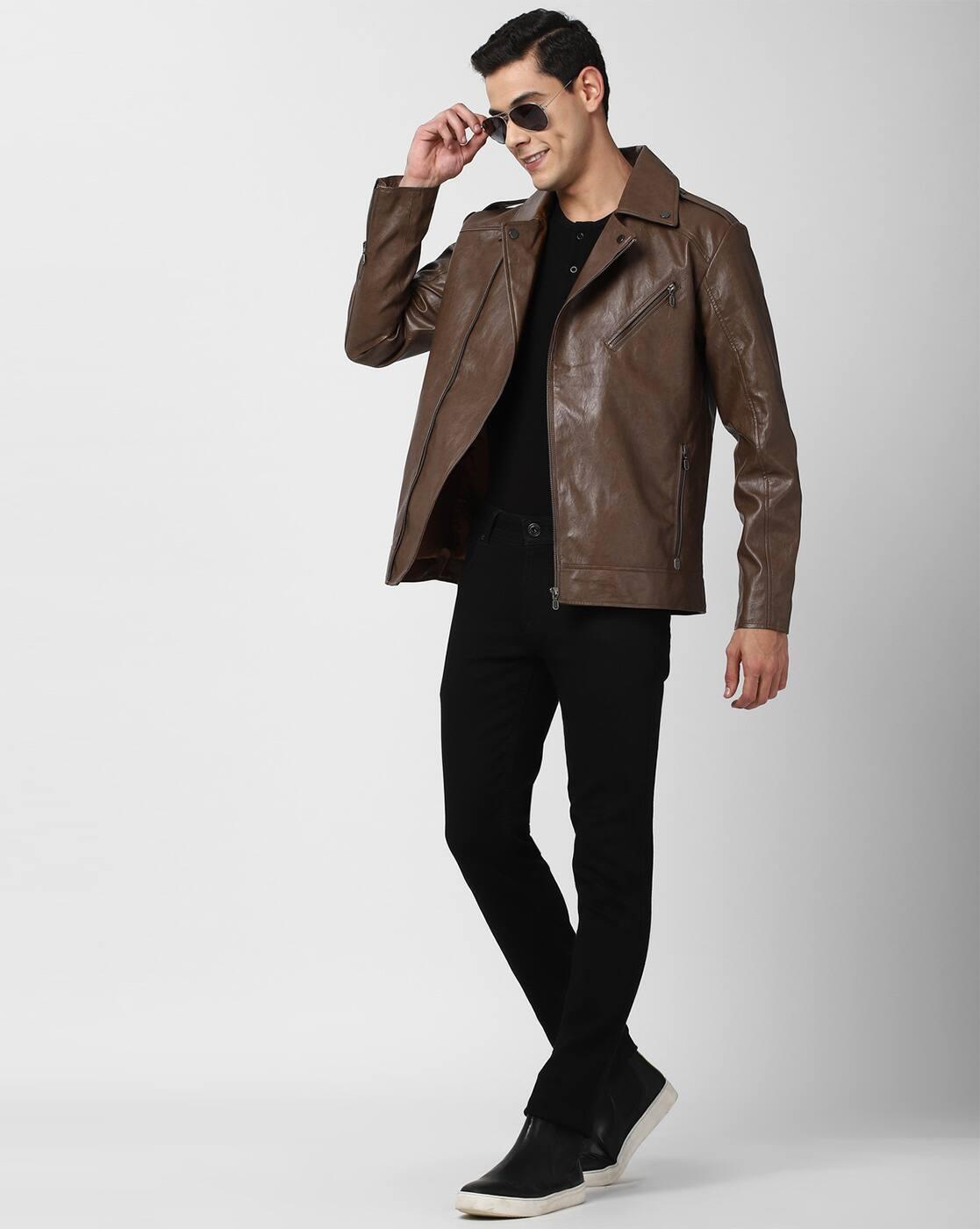 Men Regular Fit Zip-Front Biker Jacket