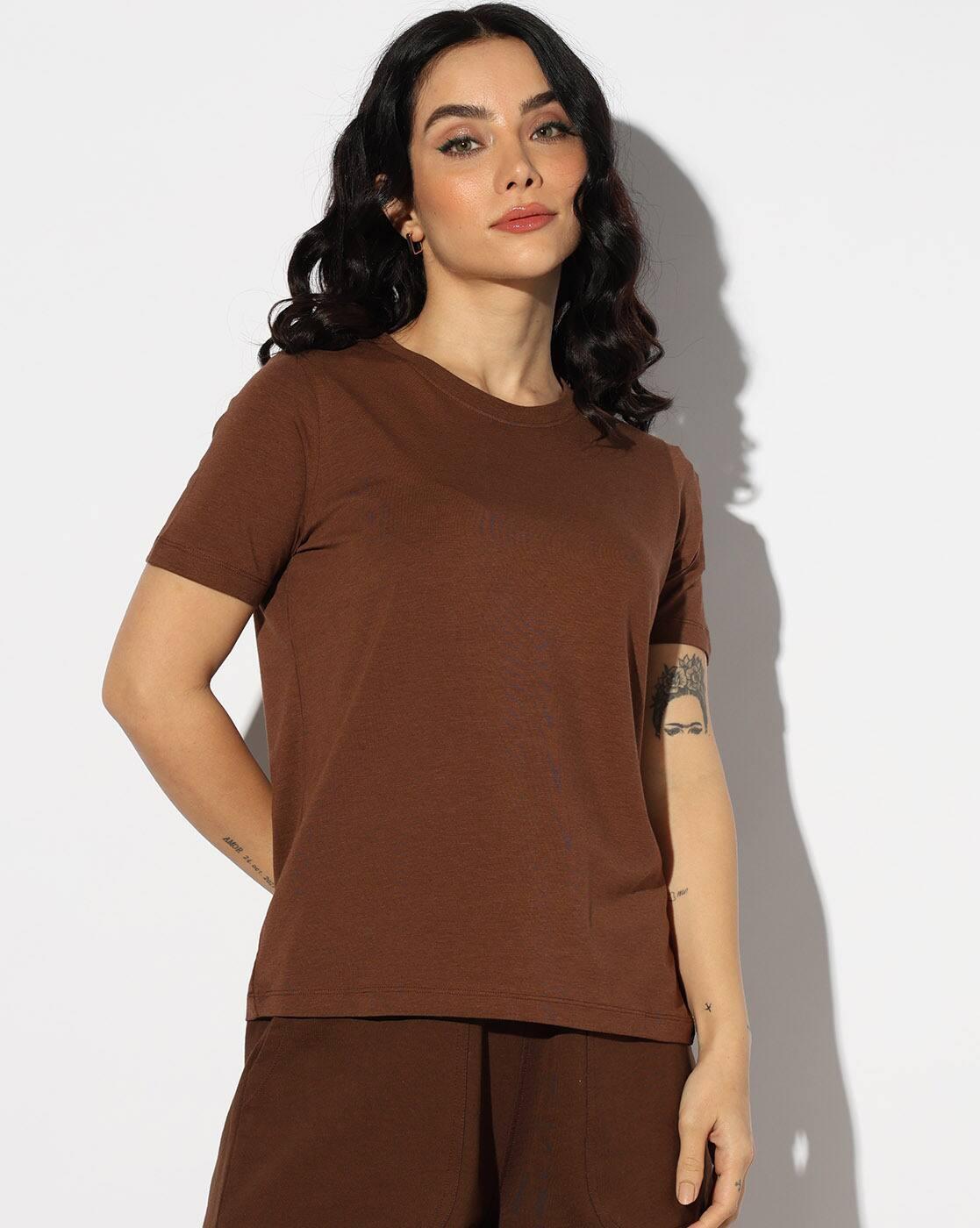 BAMBOO HIGH NECK TEE, BROWN, S