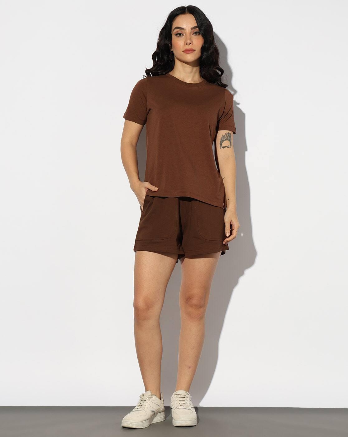 BAMBOO HIGH NECK TEE, BROWN, S