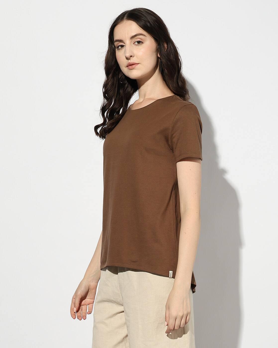 ASYMMETRIC HEM TEE, BROWN, M