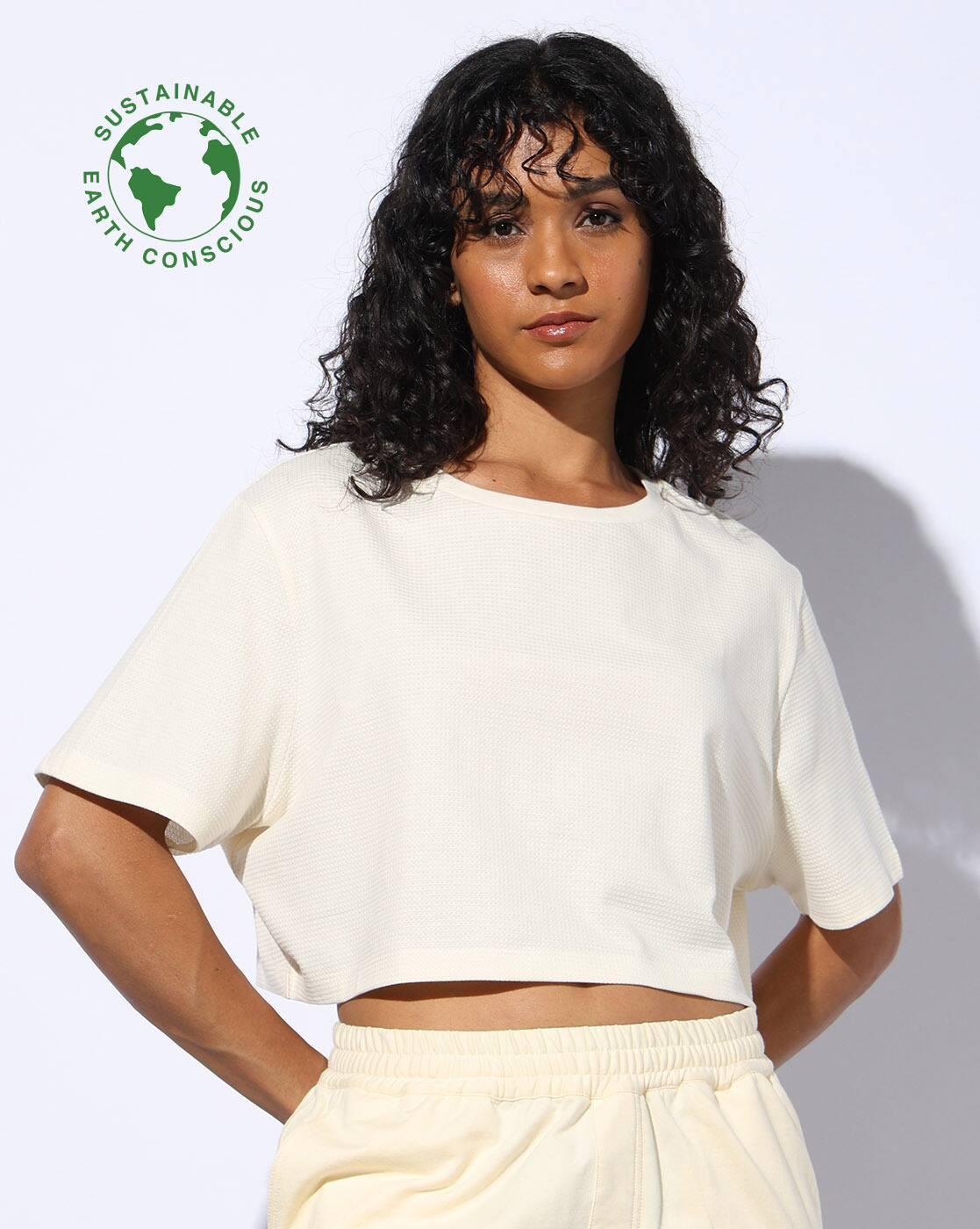 WAFFLE KNIT BOXY CROP TEE, OFF WHITE, L