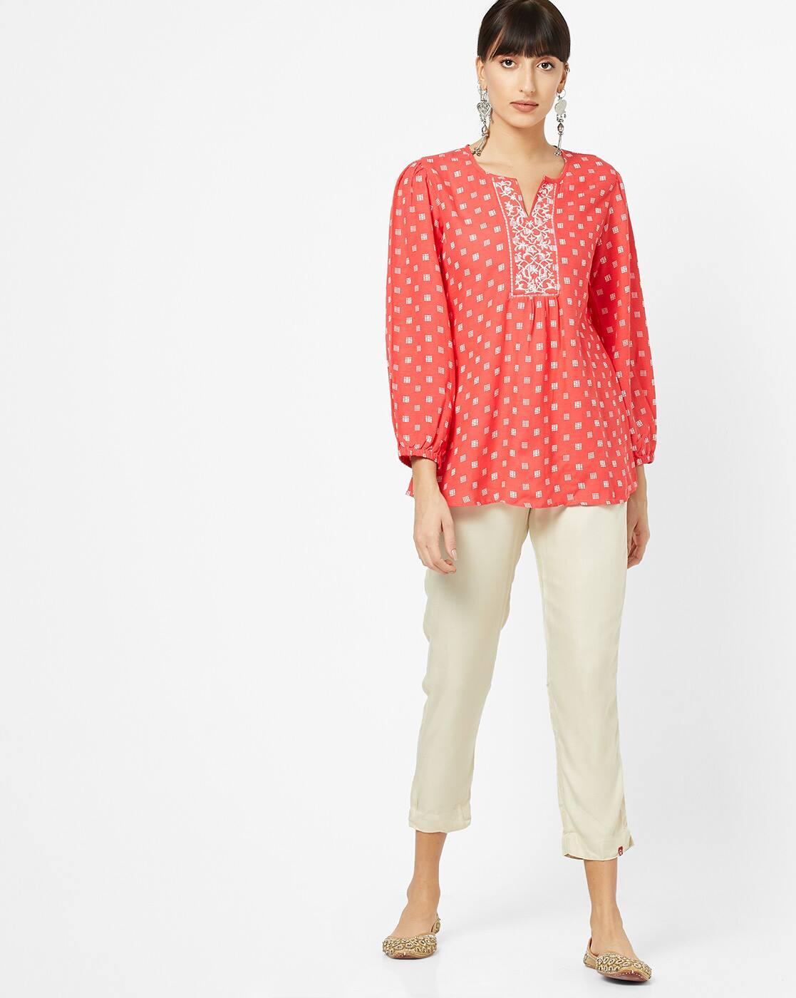 Printed A-line Tunic with Embroidered Yoke