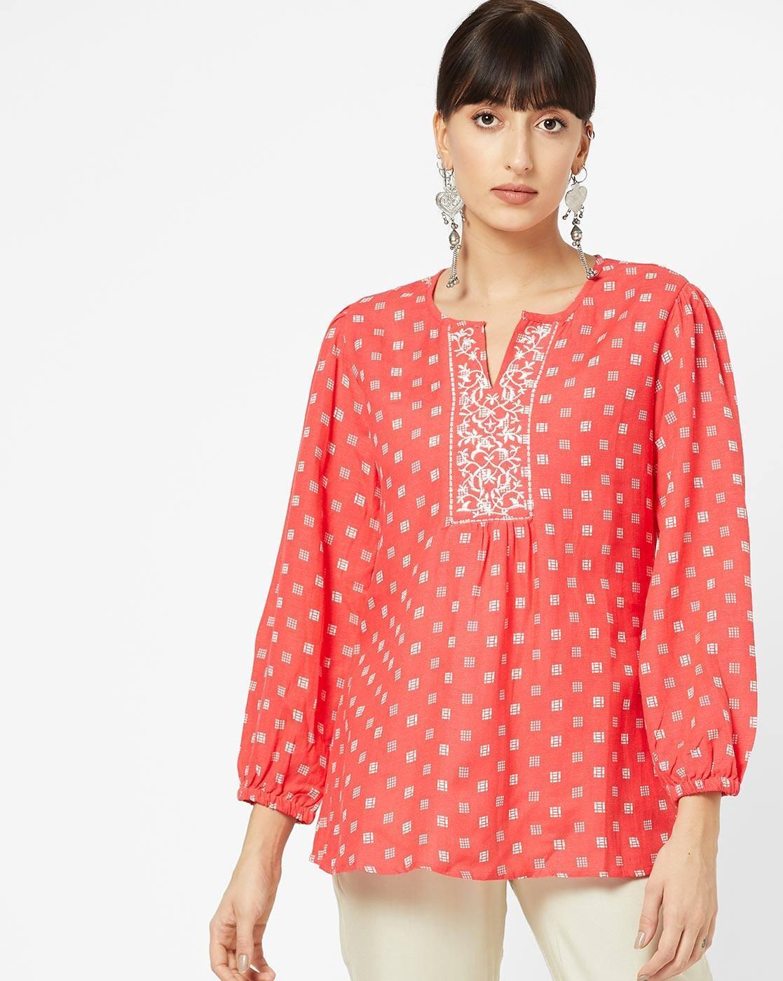 Printed A-line Tunic with Embroidered Yoke