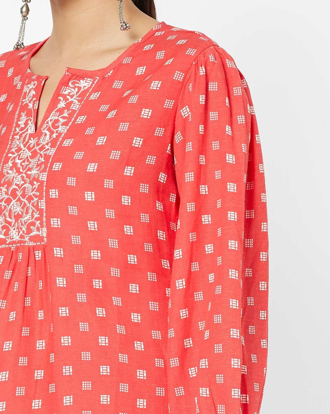Printed A-line Tunic with Embroidered Yoke