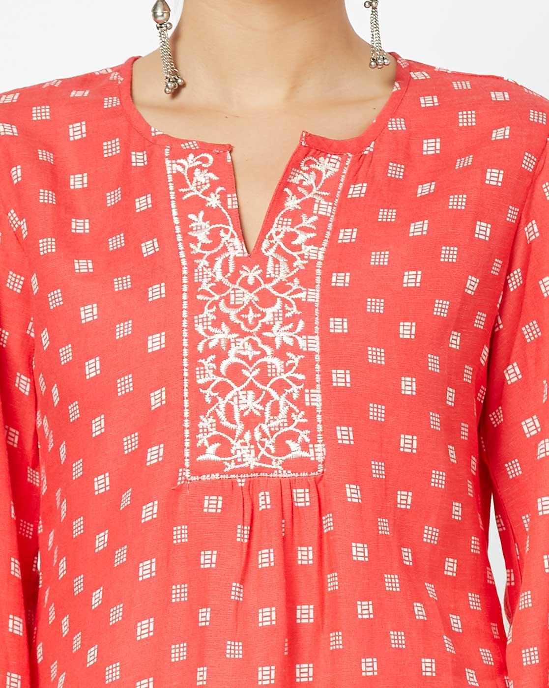 Printed A-line Tunic with Embroidered Yoke