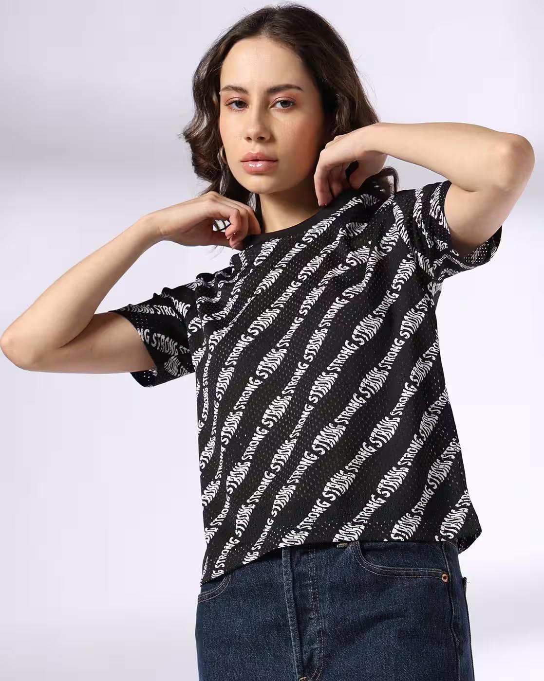 KNIT HS PRINTED CROP TSHIRTS, BLACK, S
