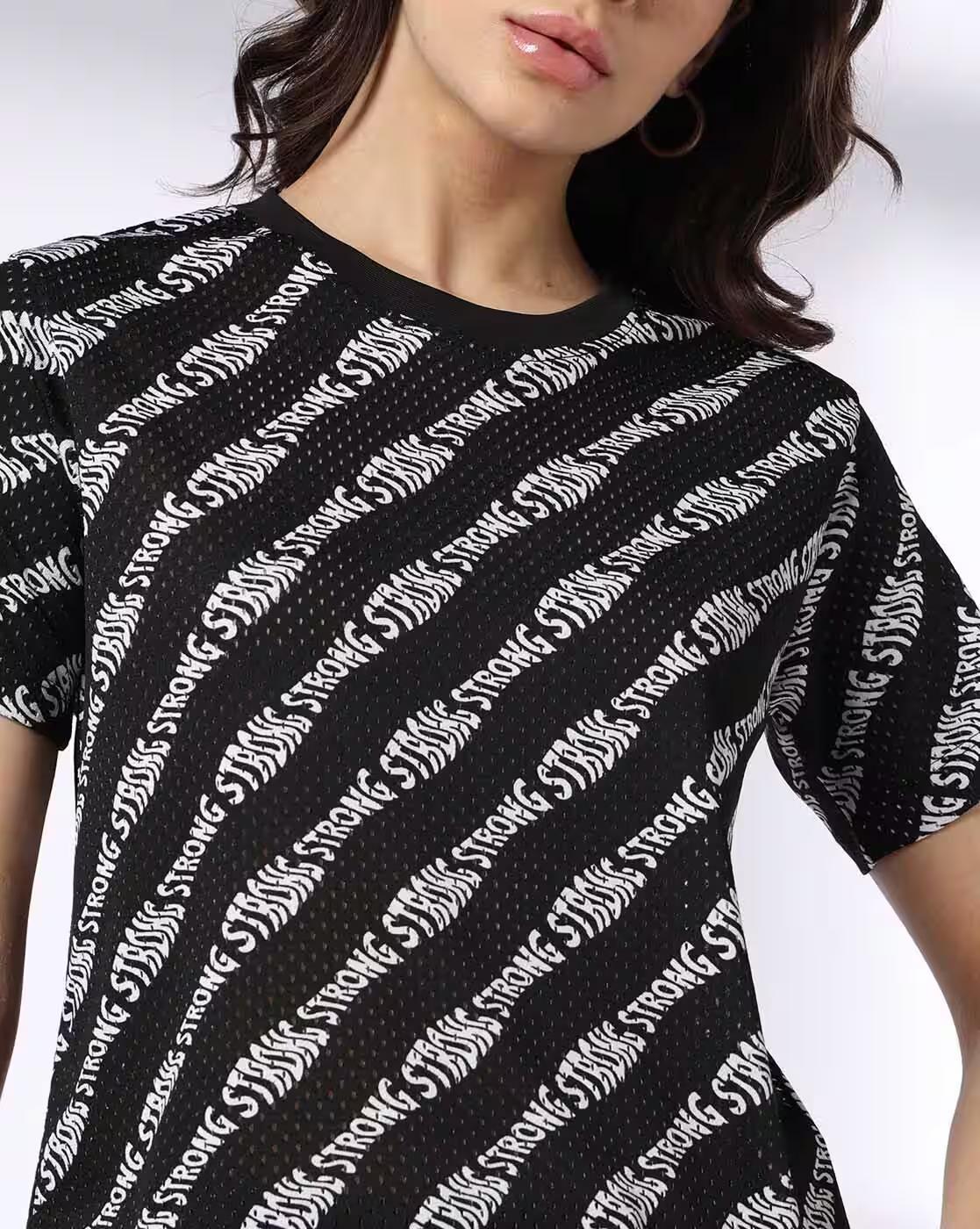 KNIT HS PRINTED CROP TSHIRTS, BLACK, S