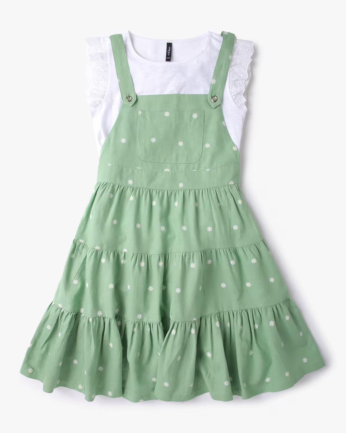 Floral Print Tiered Pinafore Dress with T-Shirt