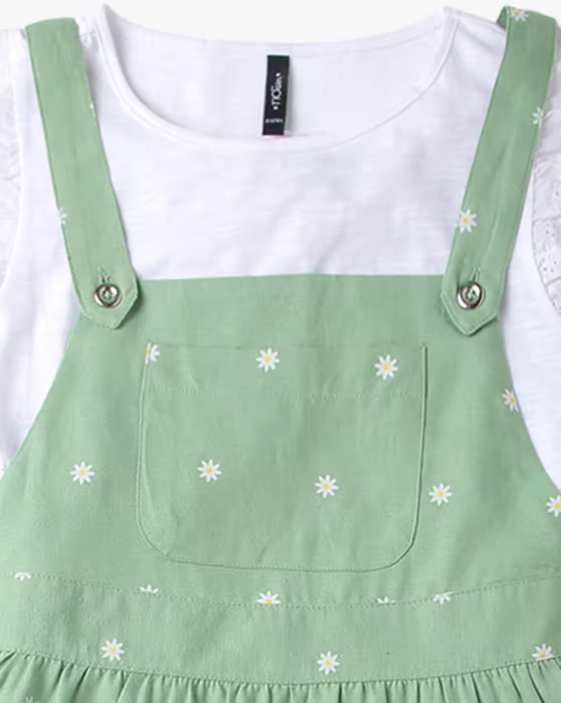 Floral Print Tiered Pinafore Dress with T-Shirt