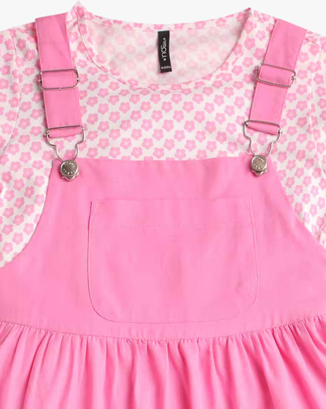 FOIL PRINTED TIERED DUNGRE, PINK, 11-12Y