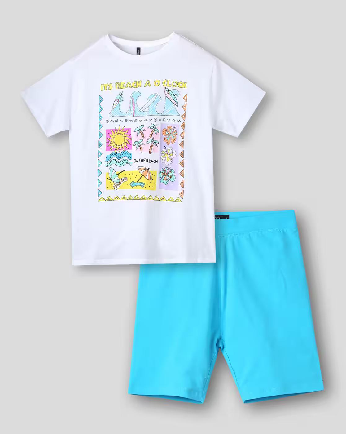 Long Tshirt w Cycling short, WHITE, 8-9Y