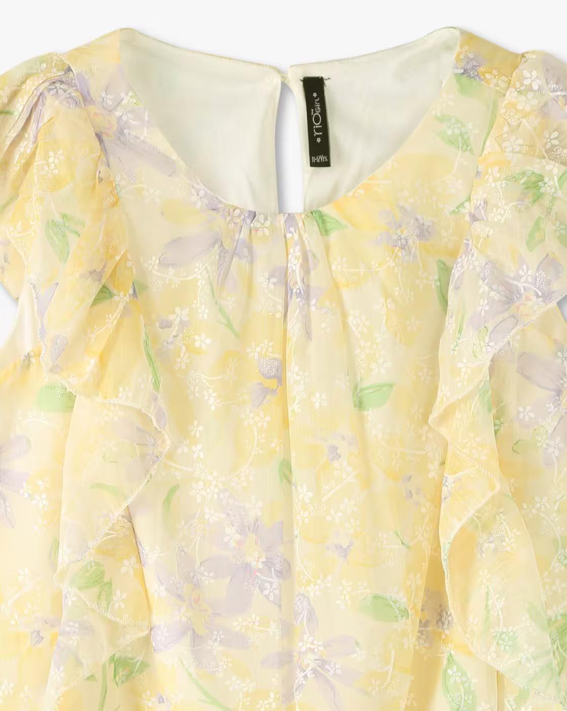 PRINTED RUFFLE SLEEVES T, YELLOW, 13-14Y
