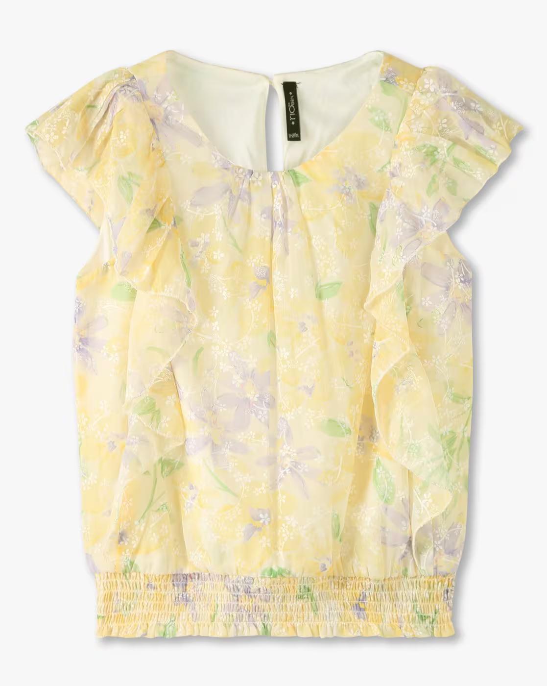 PRINTED RUFFLE SLEEVES T, YELLOW, 13-14Y