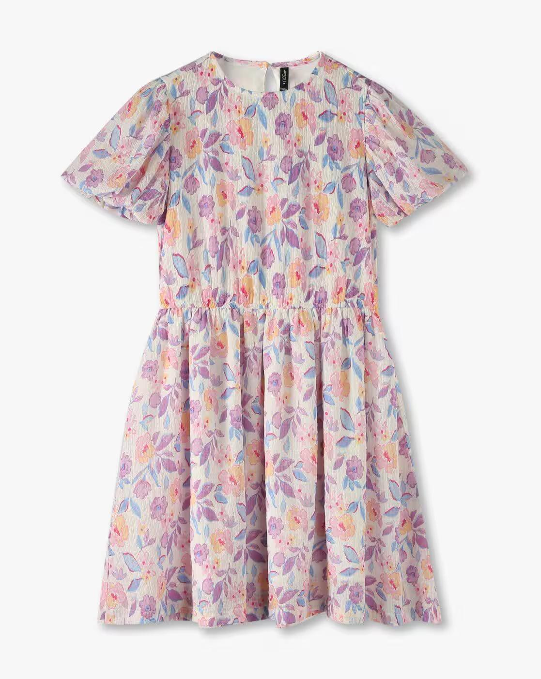 PRINTED DRESS W PUFF SLEEV, LILAC, 9-10Y