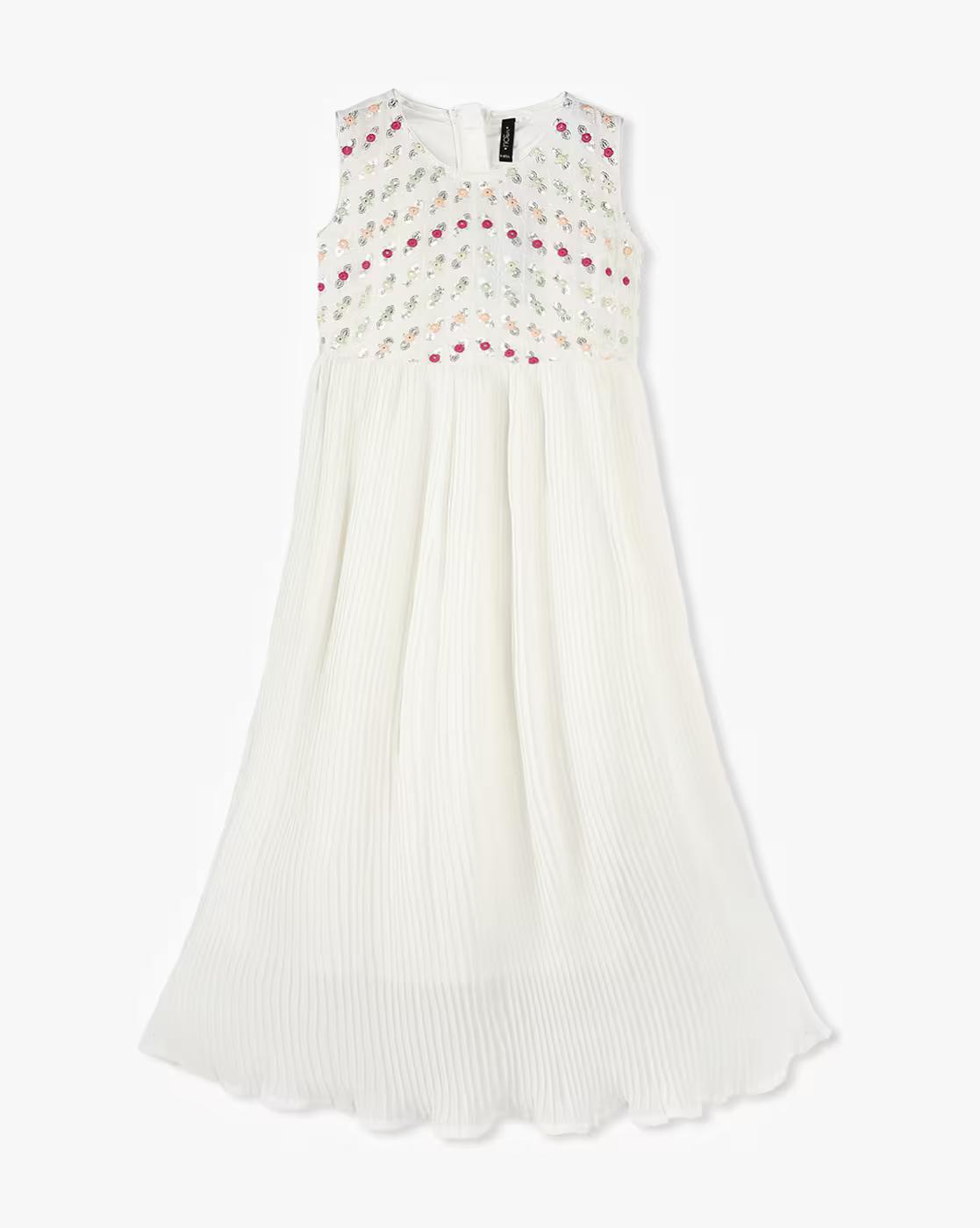 WHITE DRESS W YOKE EMB, OFF WHITE, 9-10Y