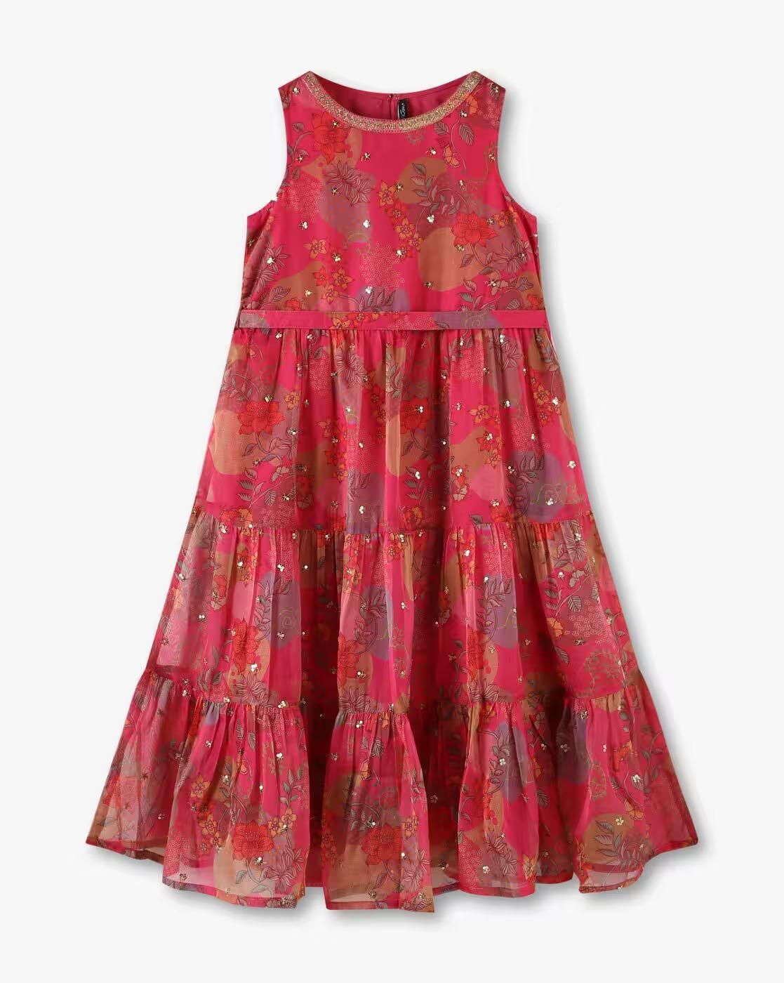 Tiered floral dress, PINK, 11-12Y