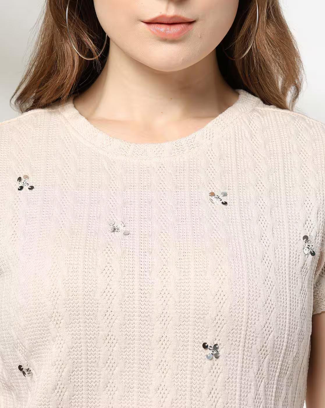 Embellished Textured Top, ECRU, S