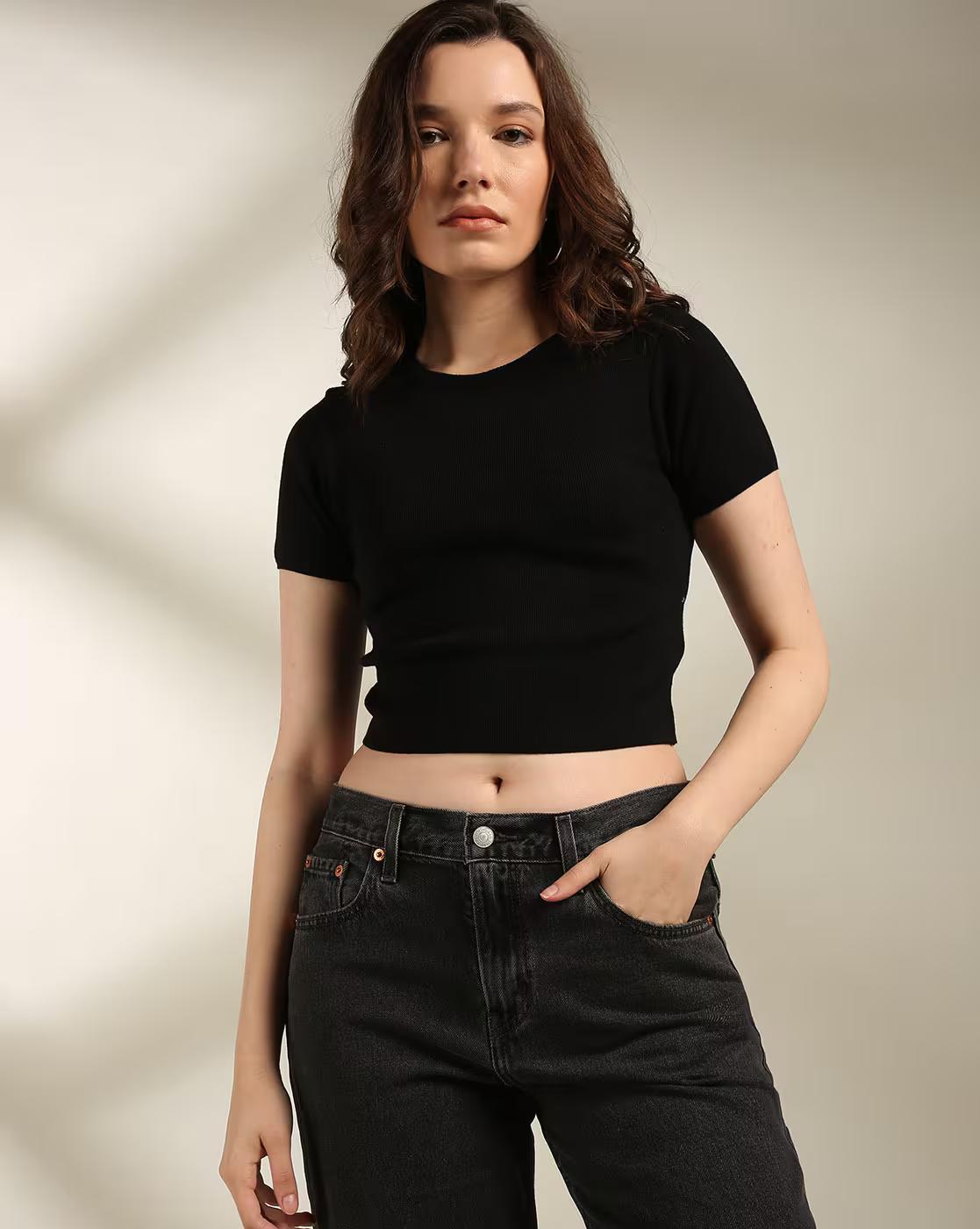 Short Sleeve cropped Top, JET BLACK, S