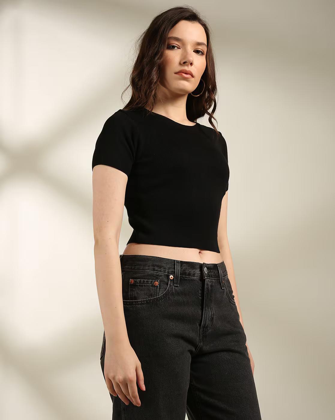 Short Sleeve cropped Top, JET BLACK, S