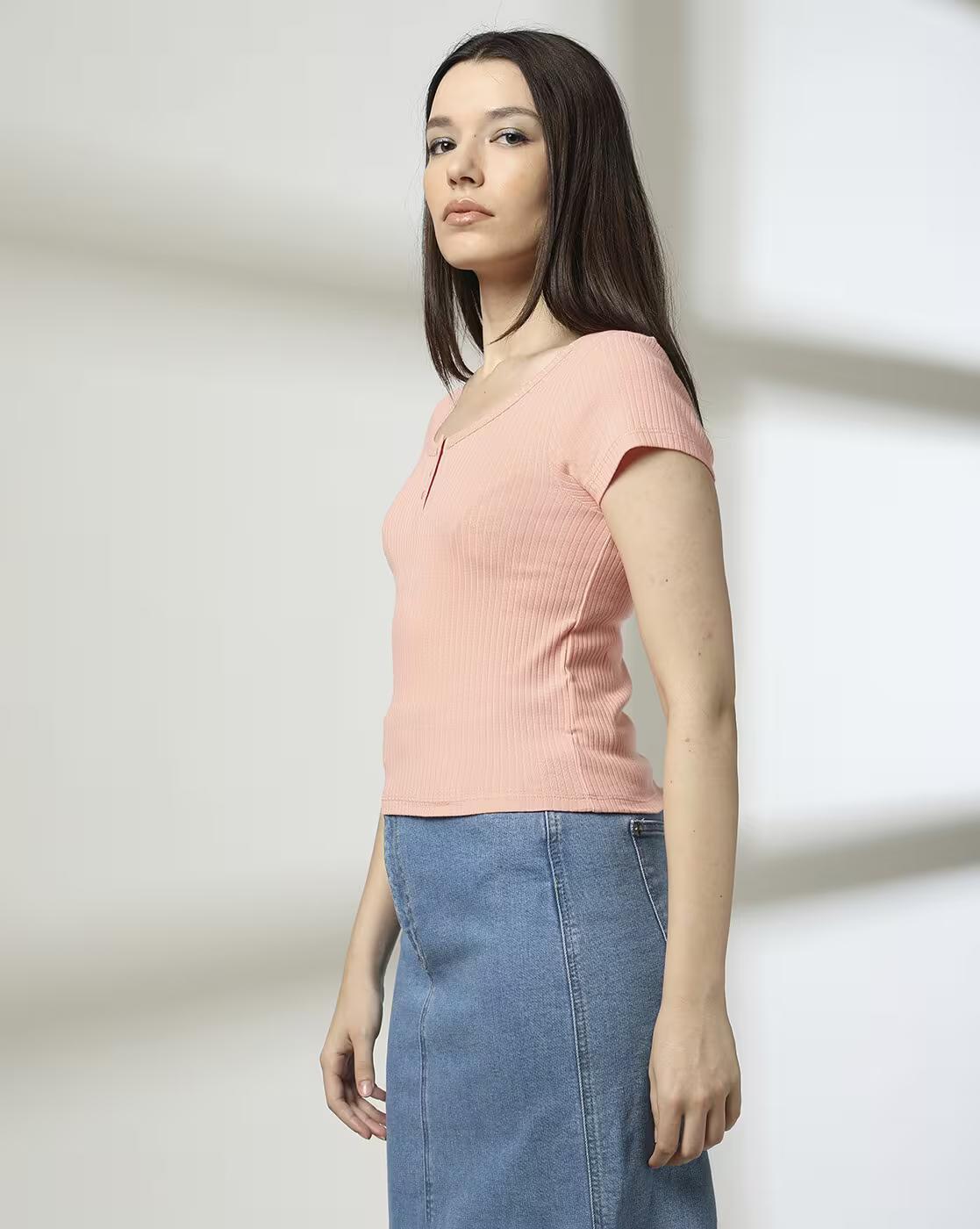 RIB HENLEY TEE, PEACH