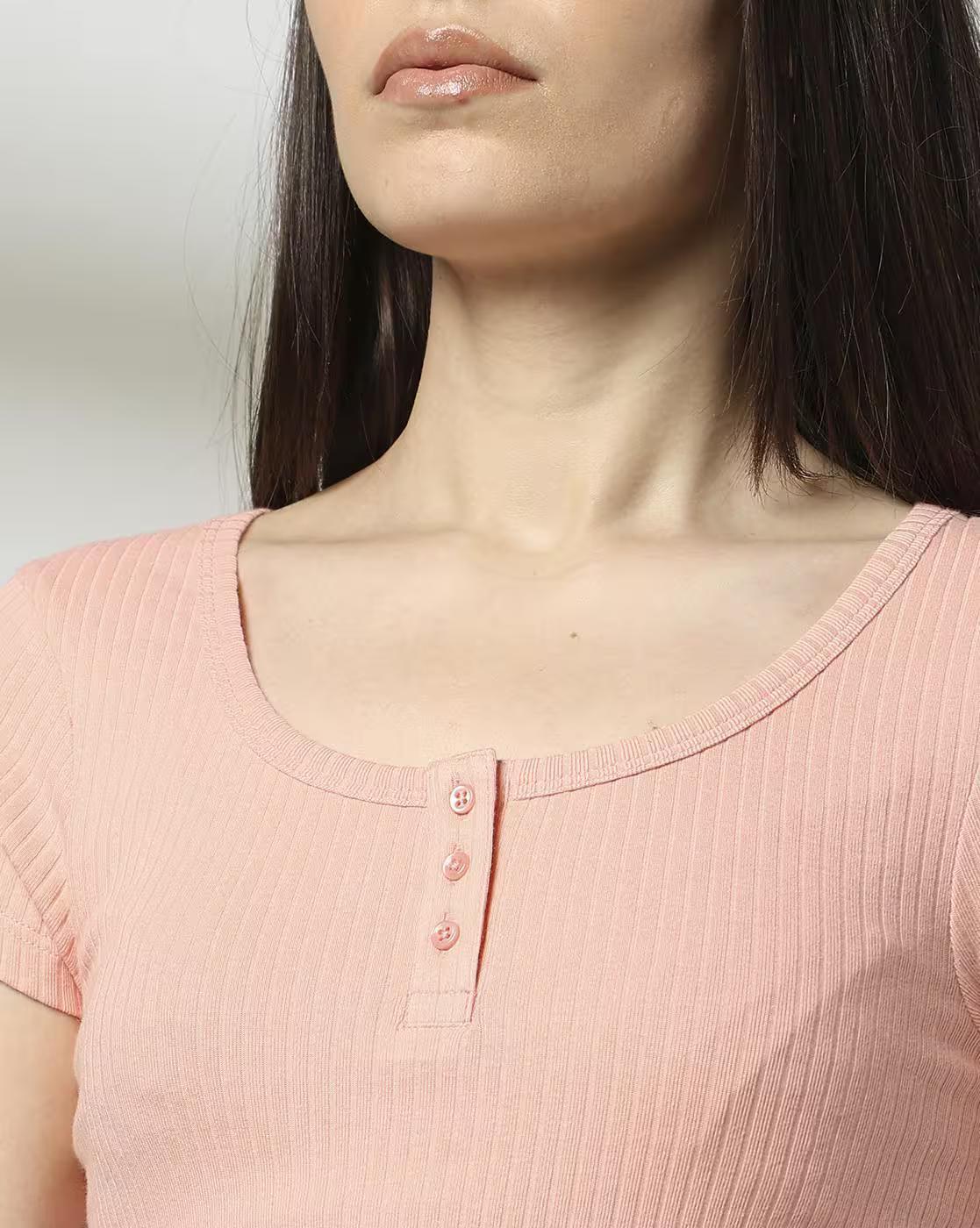 RIB HENLEY TEE, PEACH