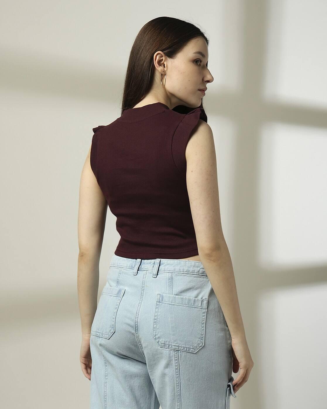 RUFFLE SLEEVE TOP, Burgandy, M