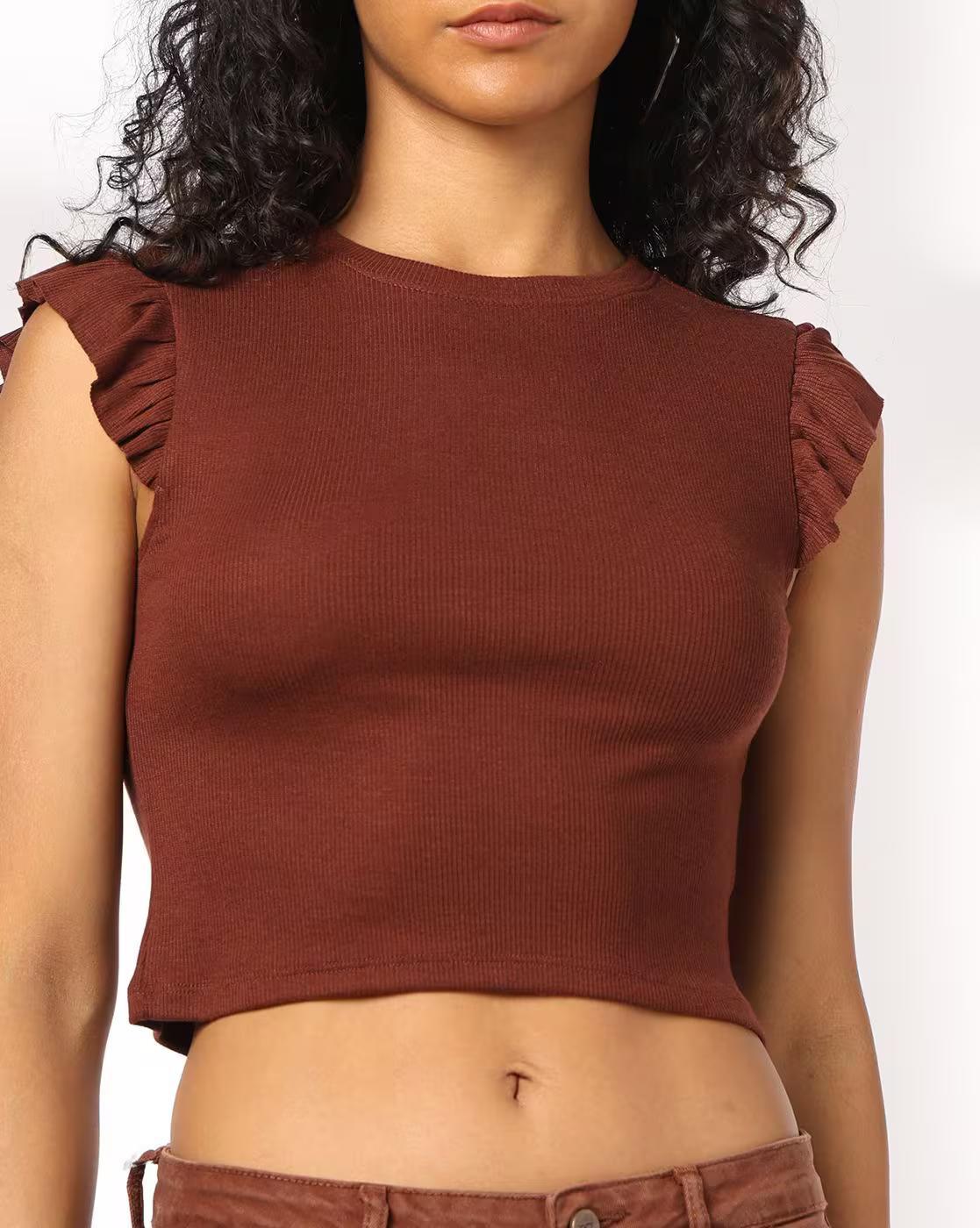 RUFFLE TOP, BROWN, S