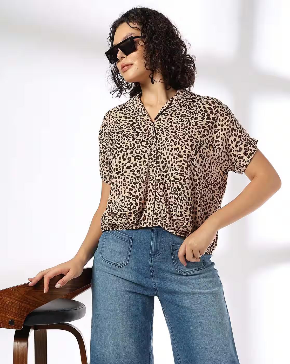 PRINTED PLEATED SHIRT, BEIGE, XS