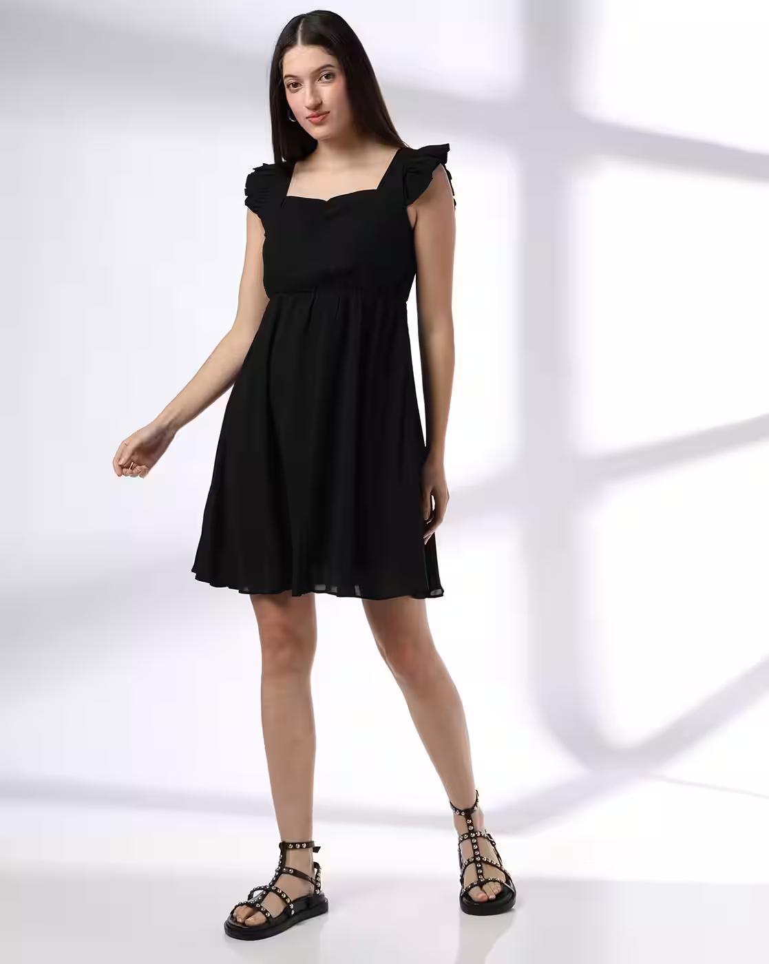 RUFFLE SLEEVE DRESS, BLACK, XS