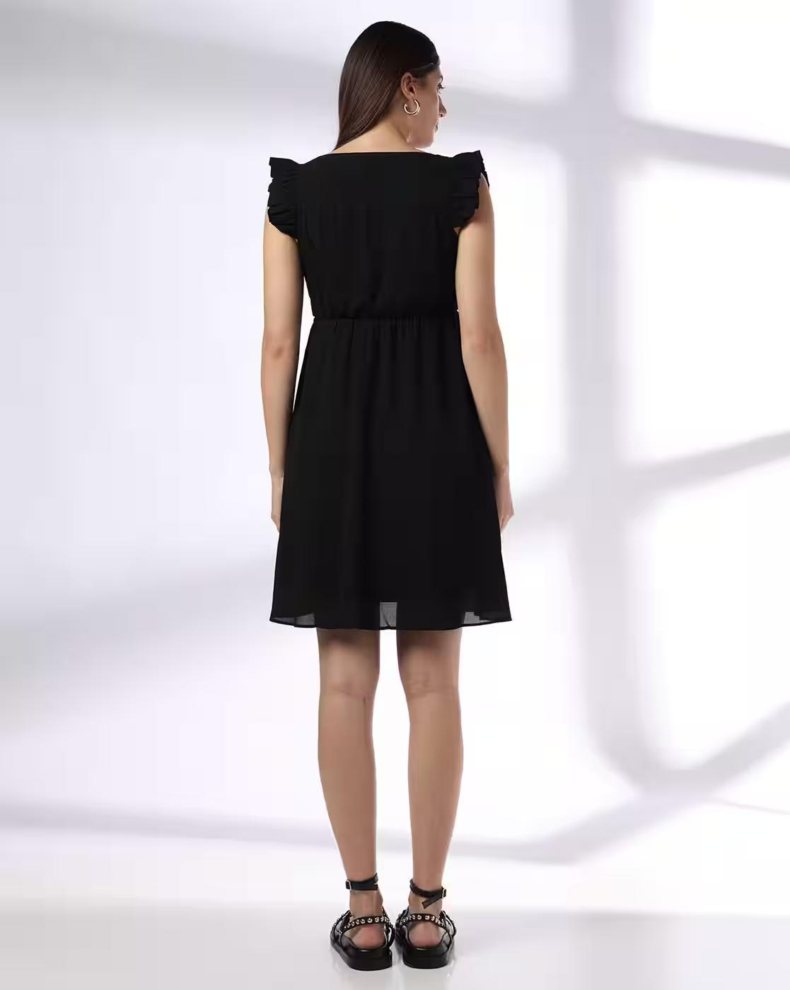 RUFFLE SLEEVE DRESS, BLACK, XS