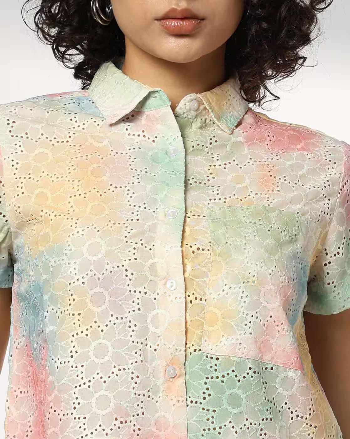 SCHIFFLI CROP SHIRT, OFF WHITE, XS